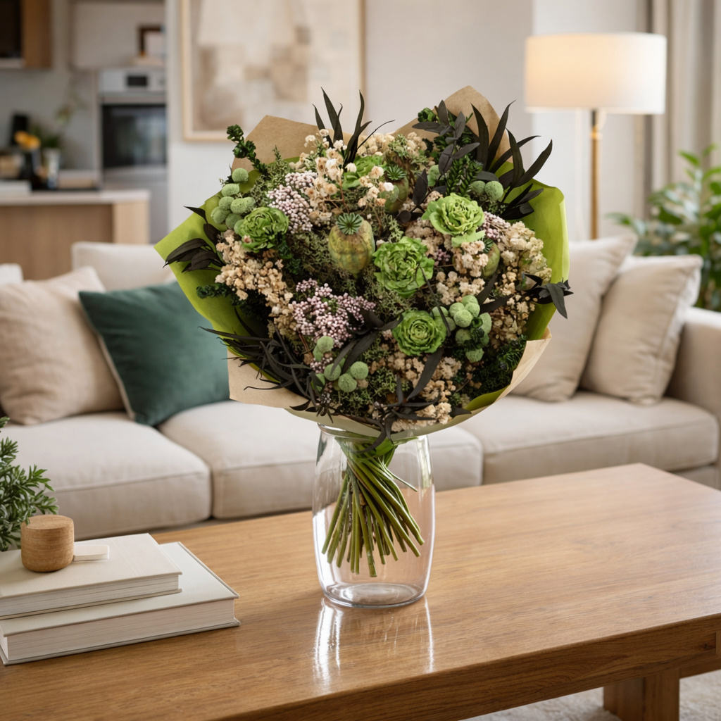 Ramo redondo de flores preservadas con rosas verdes, craspedia beige, eucalipto oscuro y envoltorio kraft, sobre fondo gris neutro. Estilo decorativo natural y silvestre.