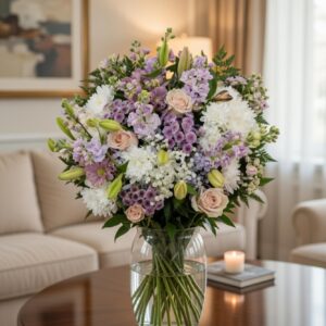 Gran ramo de flores variadas en tonos lavanda, malva y blanco.