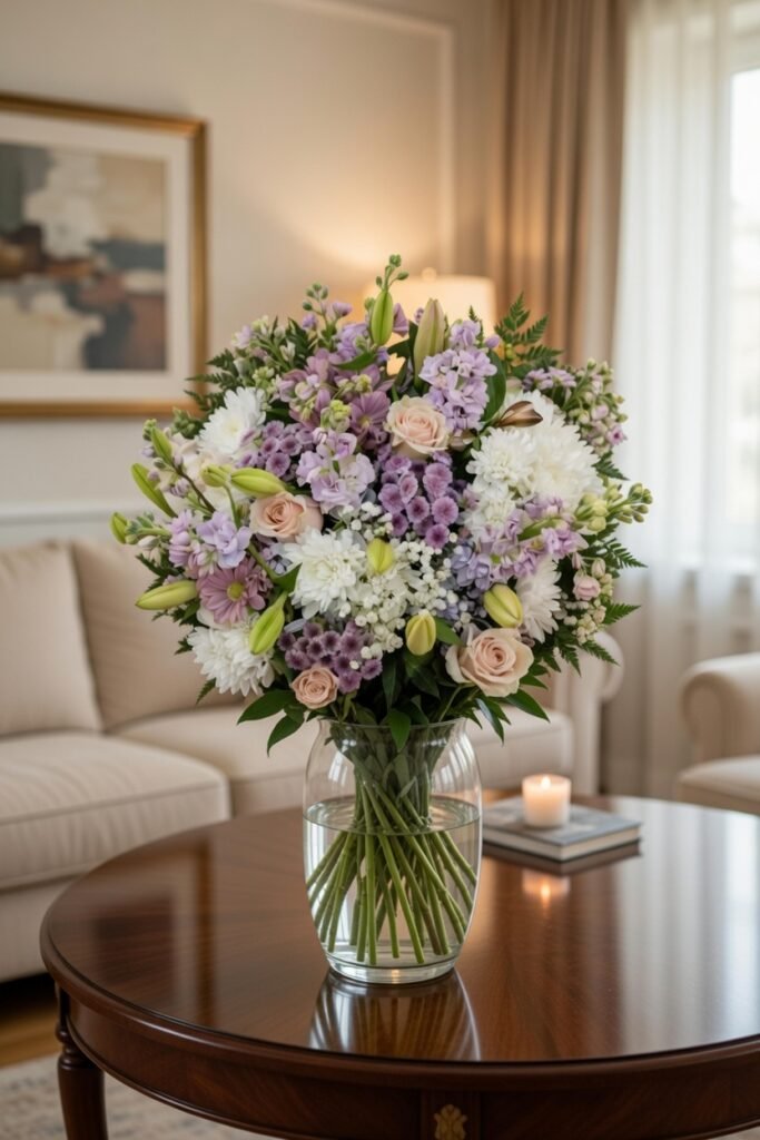 Gran ramo de flores variadas en tonos lavanda, malva y blanco.