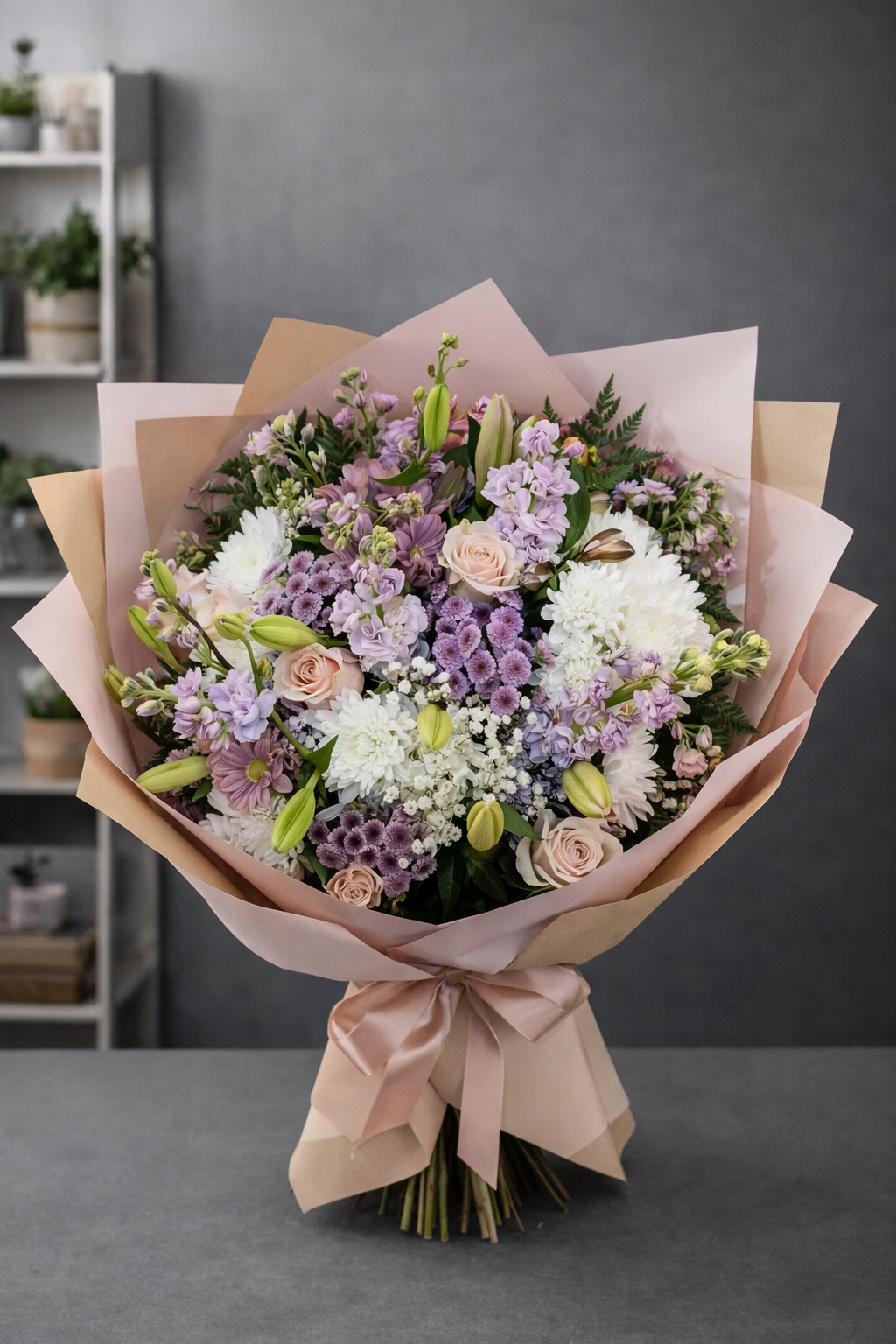 Gran ramo de flores variadas en tonos lavanda, malva y blanco con envoltorio rosa y kraft, decorado con un lazo de raso.