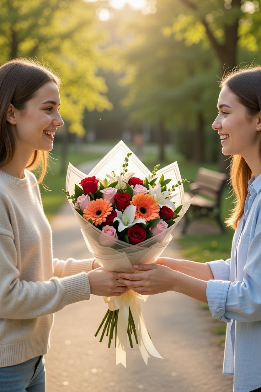 Ramo variado de rosas rojas y rosas, gerberas naranjas y lirios blancos envuelto en papel translúcido con lazo crema.