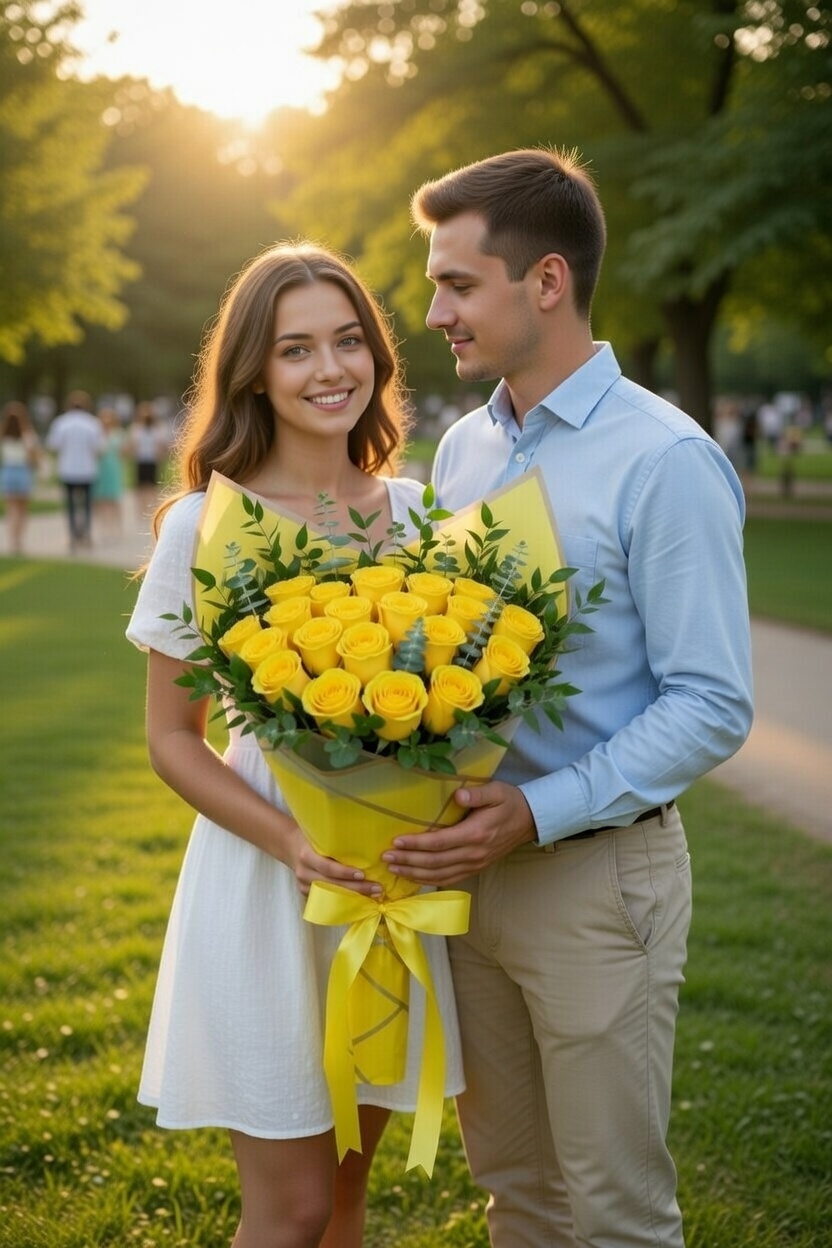 Ramo de rosas amarillas frescas con eucalipto envuelto en papel amarillo traslúcido con lazo amarillo.